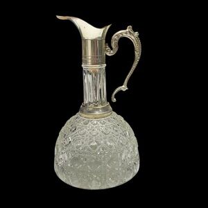 Pressed Glass Claret Jug Pitcher Decanter with Silver Plated Collar & Handle